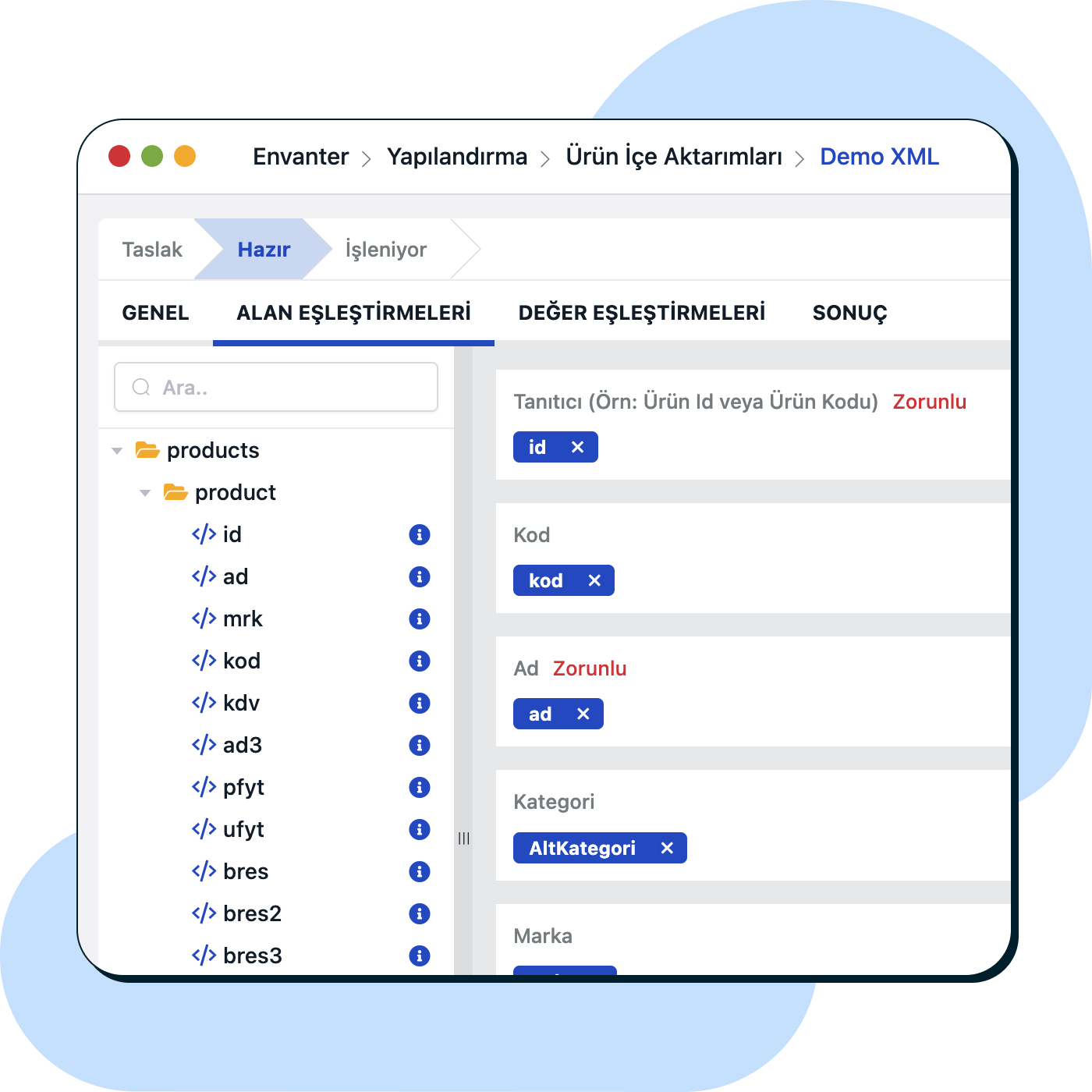 XML’den gelen alanlar ile sistem alanlarını eşleştirin.