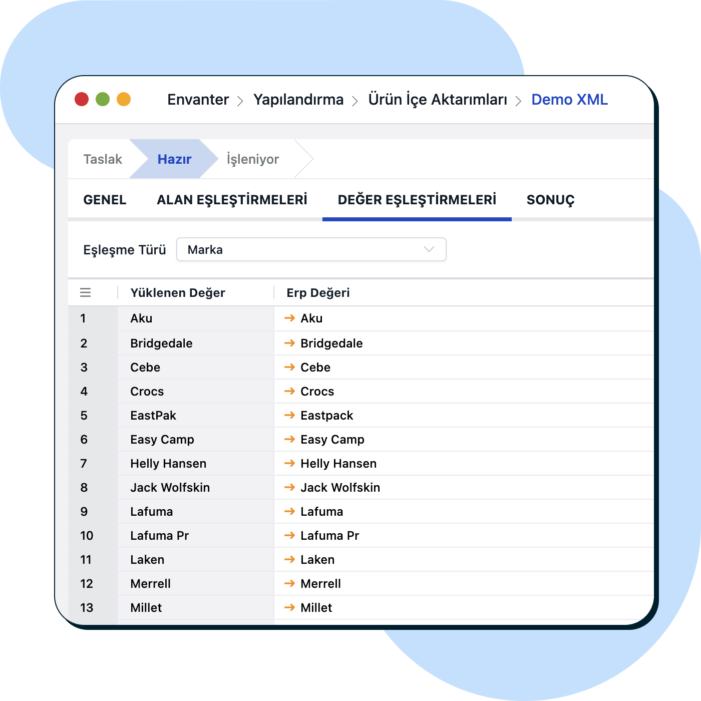 XML’den gelen değerler ile sistem değerlerini eşleştirin.